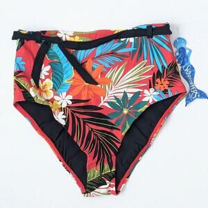 Skinny Dippers Mowie Cherry Dip Belted Swim Bottom, Black/Floral, Women's L